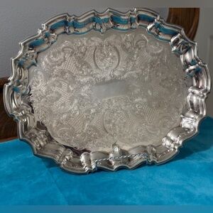 Vintage Leonard Silverplate Tray Footed Oval Scalloped Chippendale